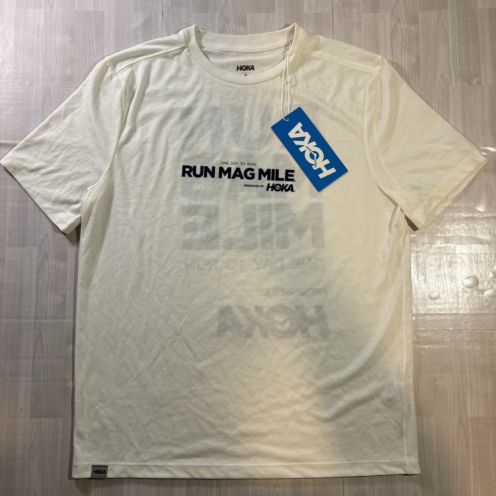 HOKA Run Mag Mile Men's T-Shirt Size M White Short Sleeve Running Tee NWT